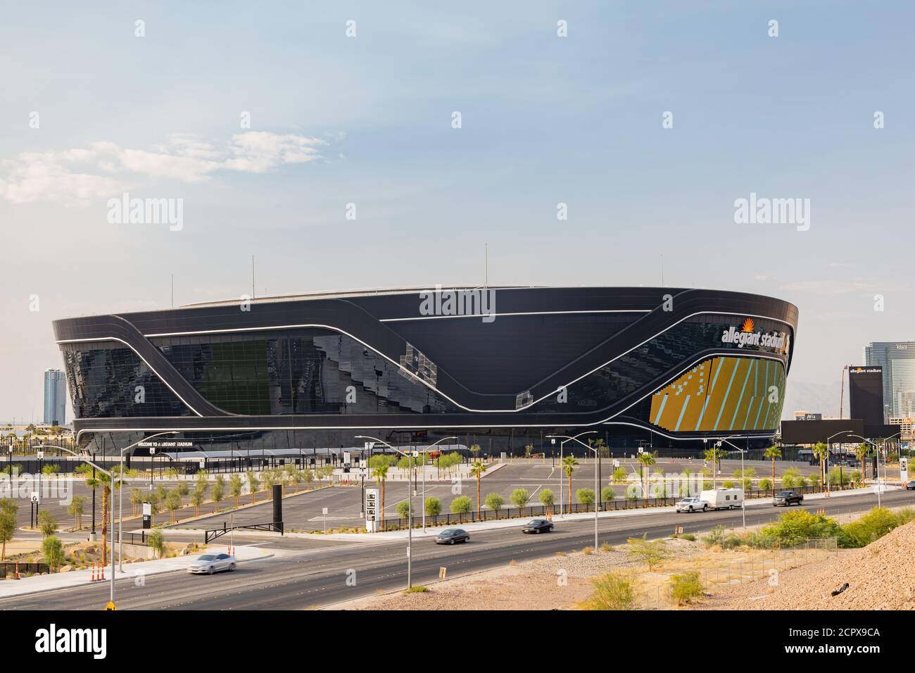 Las Vegas, SEP 15, 2020 - Sunny exterior view of the Allegiant Stadium ...