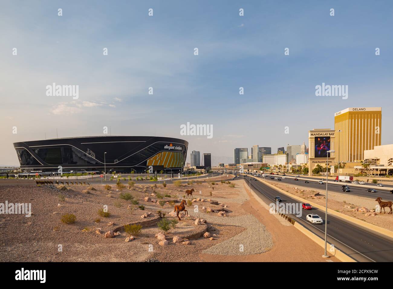 Las Vegas, SEP 15, 2020 - Sunny exterior view of the Allegiant Stadium and strip, Highway 15 Stock Photo