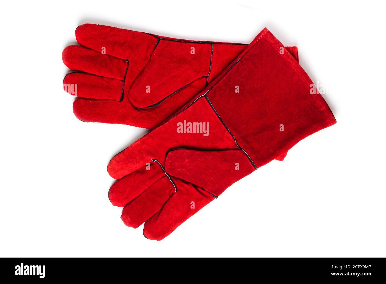 Red protective gloves for welding work isolated on white background Stock Photo