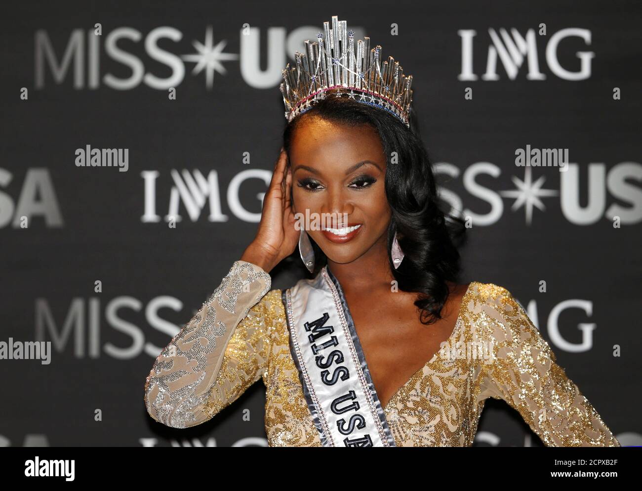Deshauna Barber of the District of Columbia poses at a news conference after being crowned Miss USA 2016 during the 2016 Miss USA pageant at the T-Mobile Arena in Las Vegas, Nevada, U.S., June 5, 2016. REUTERS/Steve Marcus Stock Photo