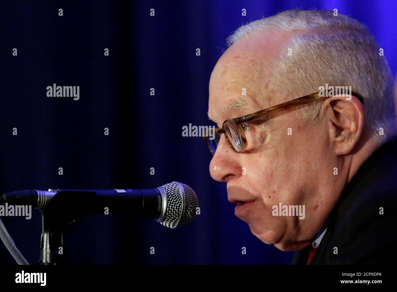 Former U.S. Attorney General Michael Mukasey speaks at the Federalist Society for Law and Public Policy Studies Fifth Annual Executive Branch Review Conference in Washington, U.S., May 17, 2017. REUTERS/Yuri Gripas Stock Photo