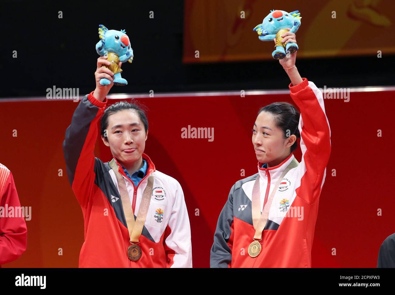 Table Tennis - Gold Coast 2018 Commonwealth Games - Women's Doubles Gold Medal  Medal Ceremony - Oxenford Studios - Gold Coast, Australia - April 13, 2018  - Gold medalists Tianwei Feng and