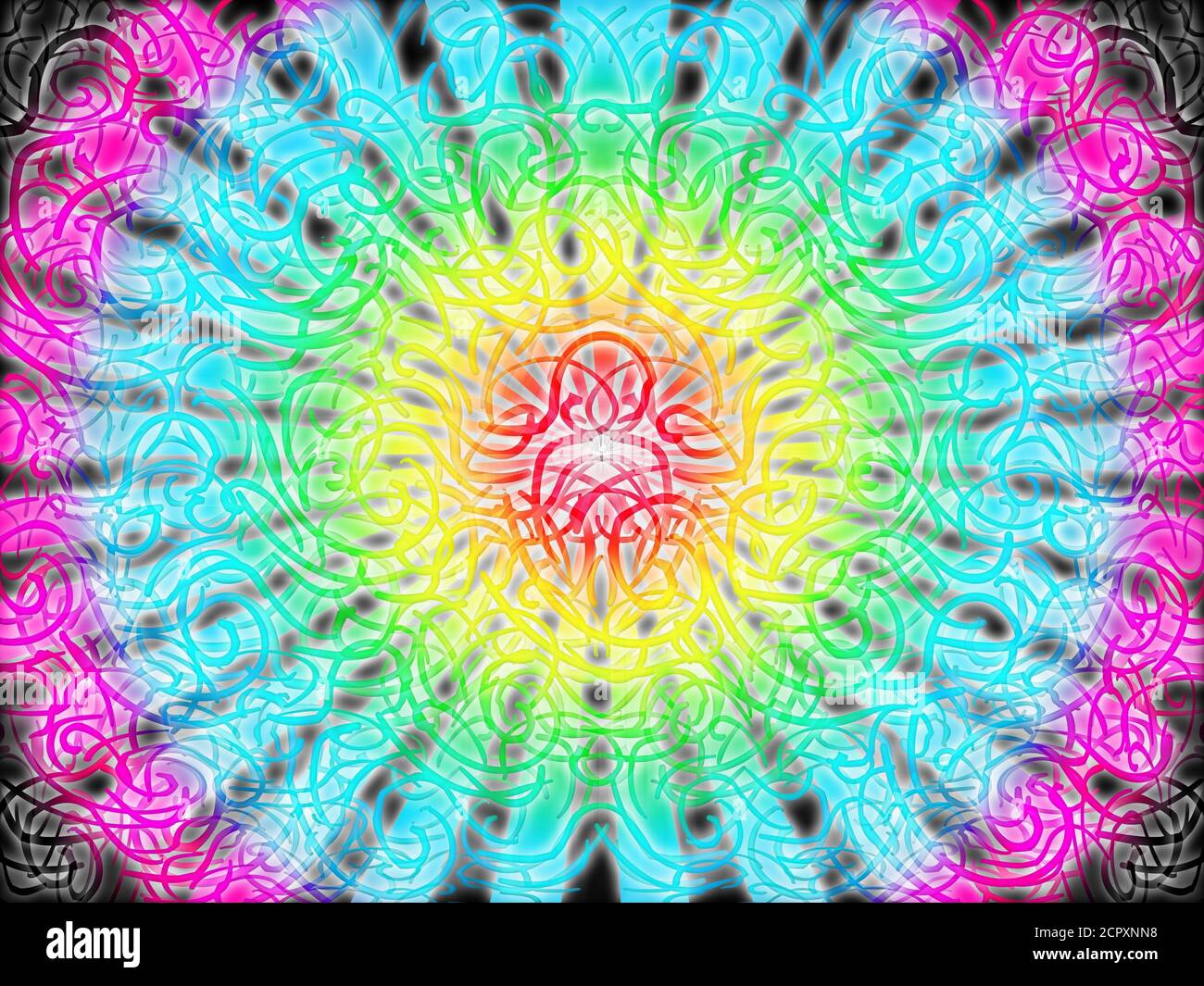 Abstract seamless grungy psychedelic interweaving curly patterns with Buddha figure in the center and multicolored sunburst ray Stock Photo
