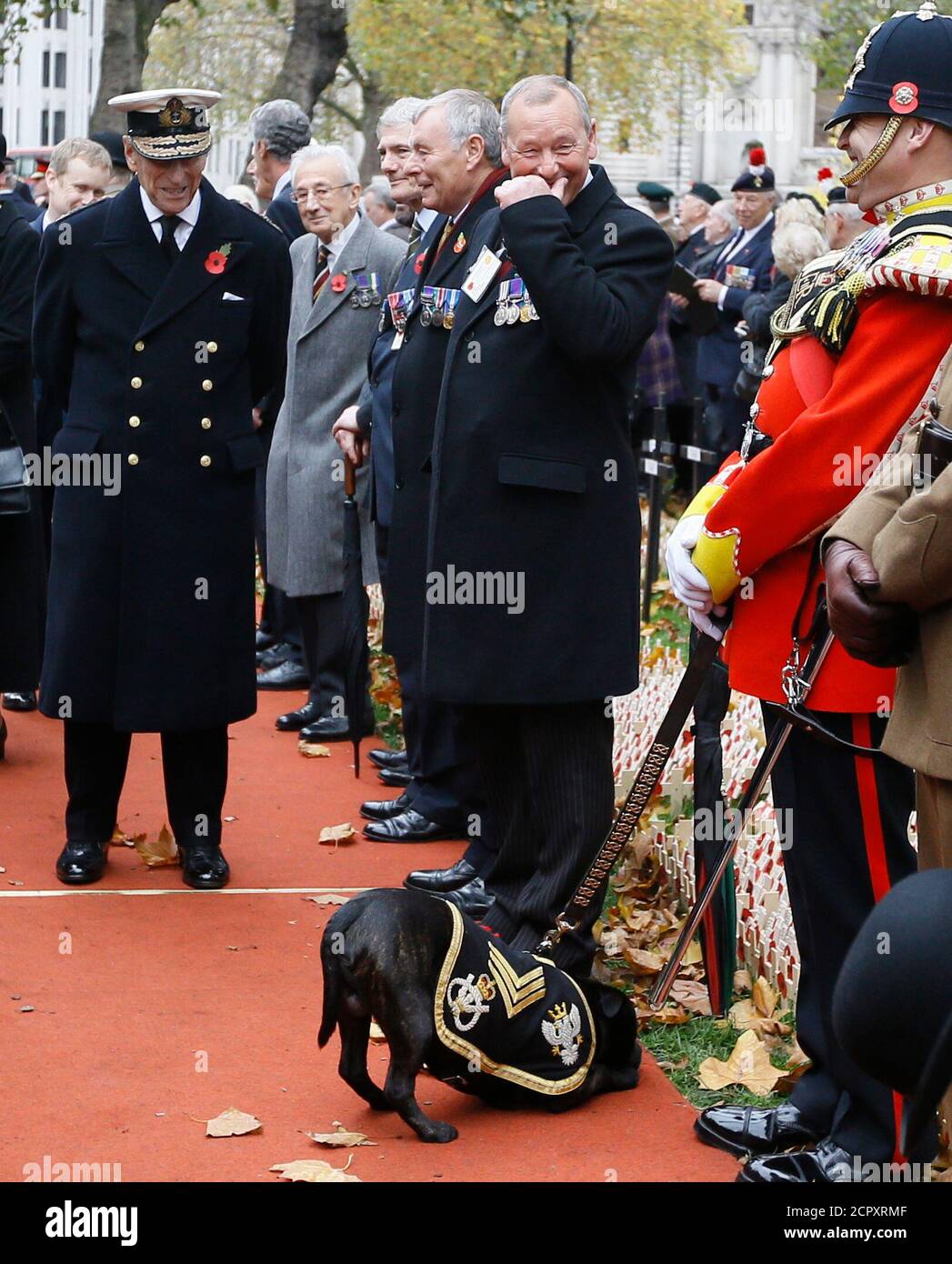 Britain's Prince Philip (L) looks at Watchman V, the mascot for the Staffordshire Regiment Association, during a visit to the Field of Remembrance at Westminster Abbey in London, Britain November 5, 2015. REUTERS/Kirsty Wigglesworth/pool Stock Photo