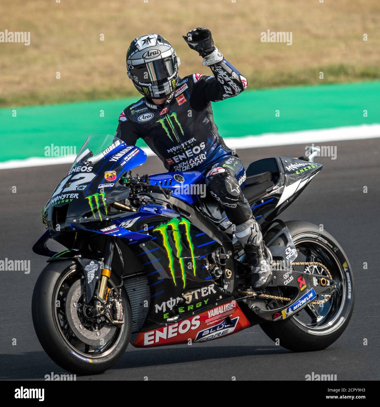 Santa Monica-Cella, Italy. 19th Sep, 2020. MAVERICK VINALES waves after setting the fastest for the second straight week in MotoGP qualifying. The Monster Energy-Yamaha rider will start on pole for the Emilia-Romagna Grand Prix Sunday at Misano World Circuit Marco Simoncelli. Credit: Alessio Marini/LPS/ZUMA Wire/Alamy Live News Stock Photo
