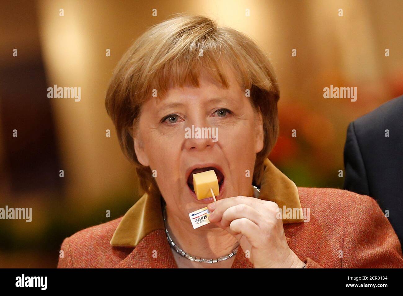German Chancellor Angela Merkel samples cheese at the pavilion of the Netherlands at the Green Week agricultural fair in Berlin, January 18, 2013. The Netherlands are the partner nation of the Green Week this year.  REUTERS/Thomas Peter  (GERMANY  - Tags: POLITICS AGRICULTURE) Stock Photo