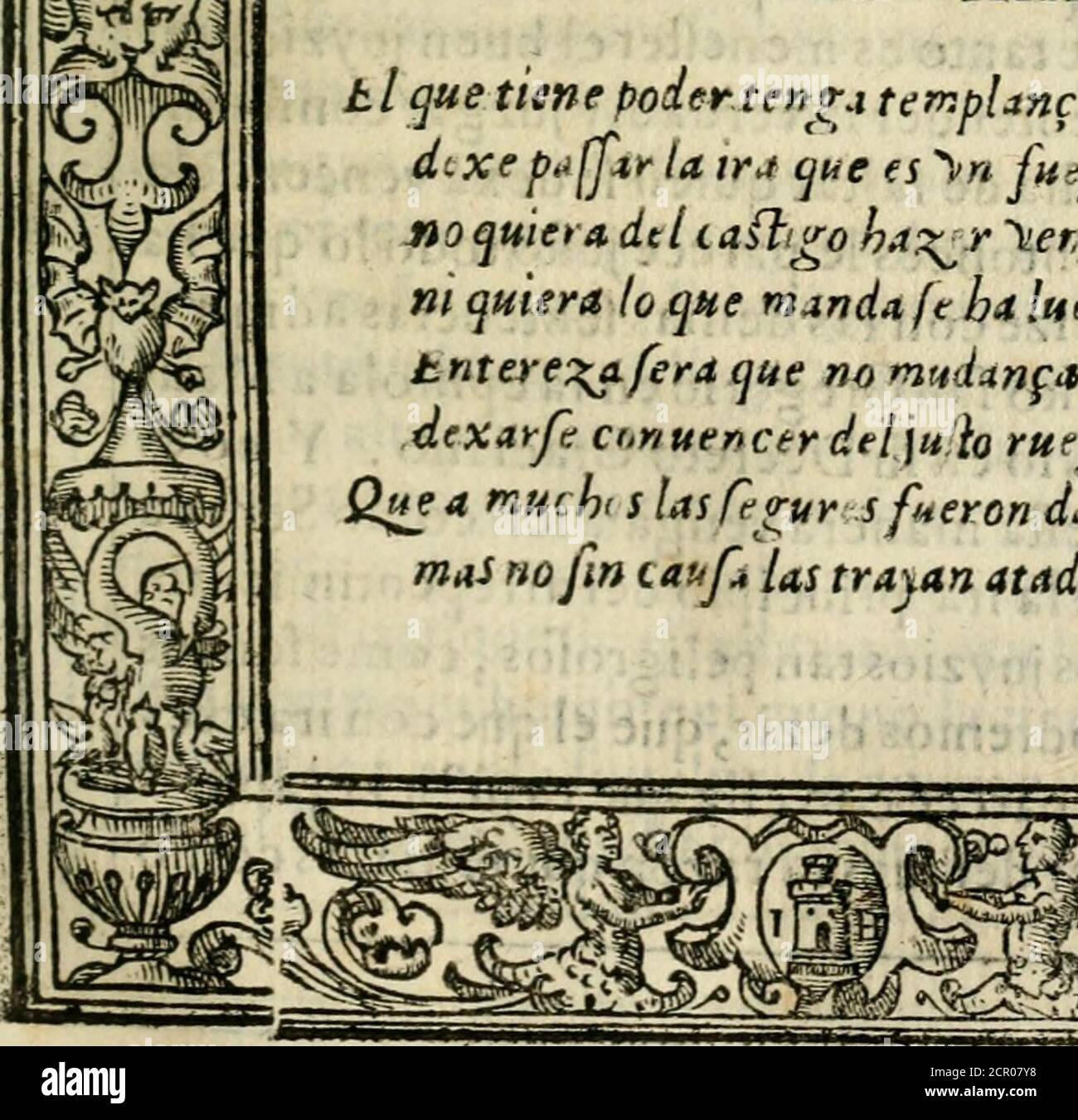 . Emblemas morales de Don Iuan de Horozco Covarruuias... . ti que tiene podertenga terr.pUnca^dixe p¿ []■**• la tra que es &gt;» fu^^o^fio quieta dtliafttgo ha^r )¿er,girjfj7ni quiera (o que manda ft ha luego,tntere^afera que no mudanza.dcxarfe Chnuencer de[uo rue&lt;roy Que a much s lasítgur s fneron dadas,mas no fm canfi Us trayan atadas- Stock Photo