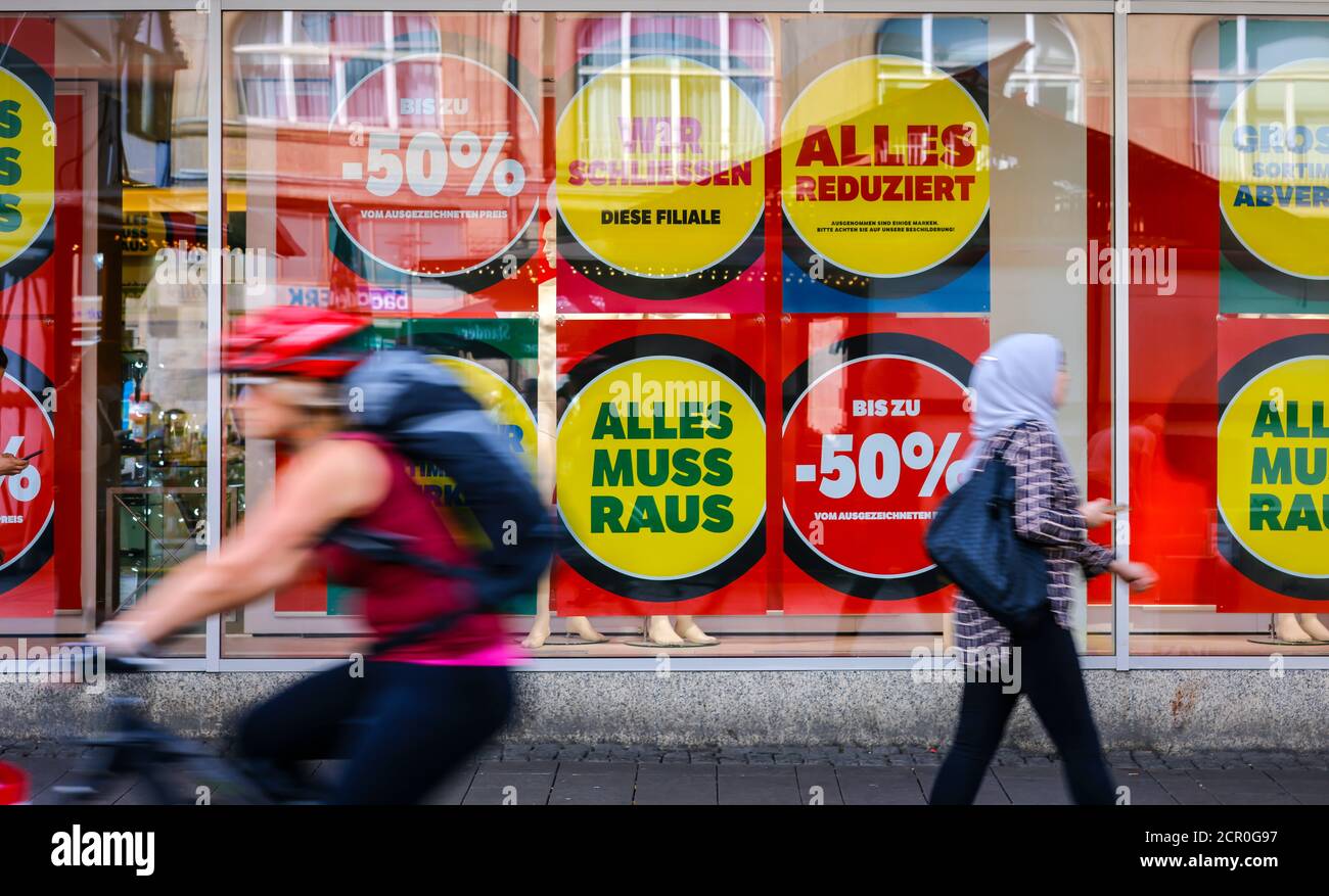 Essen, Ruhr area, North Rhine-Westphalia, Germany - retail trade closes shops in the corona crisis, sale at Galeria Karstadt Kaufhof branch Kettwiger Stock Photo