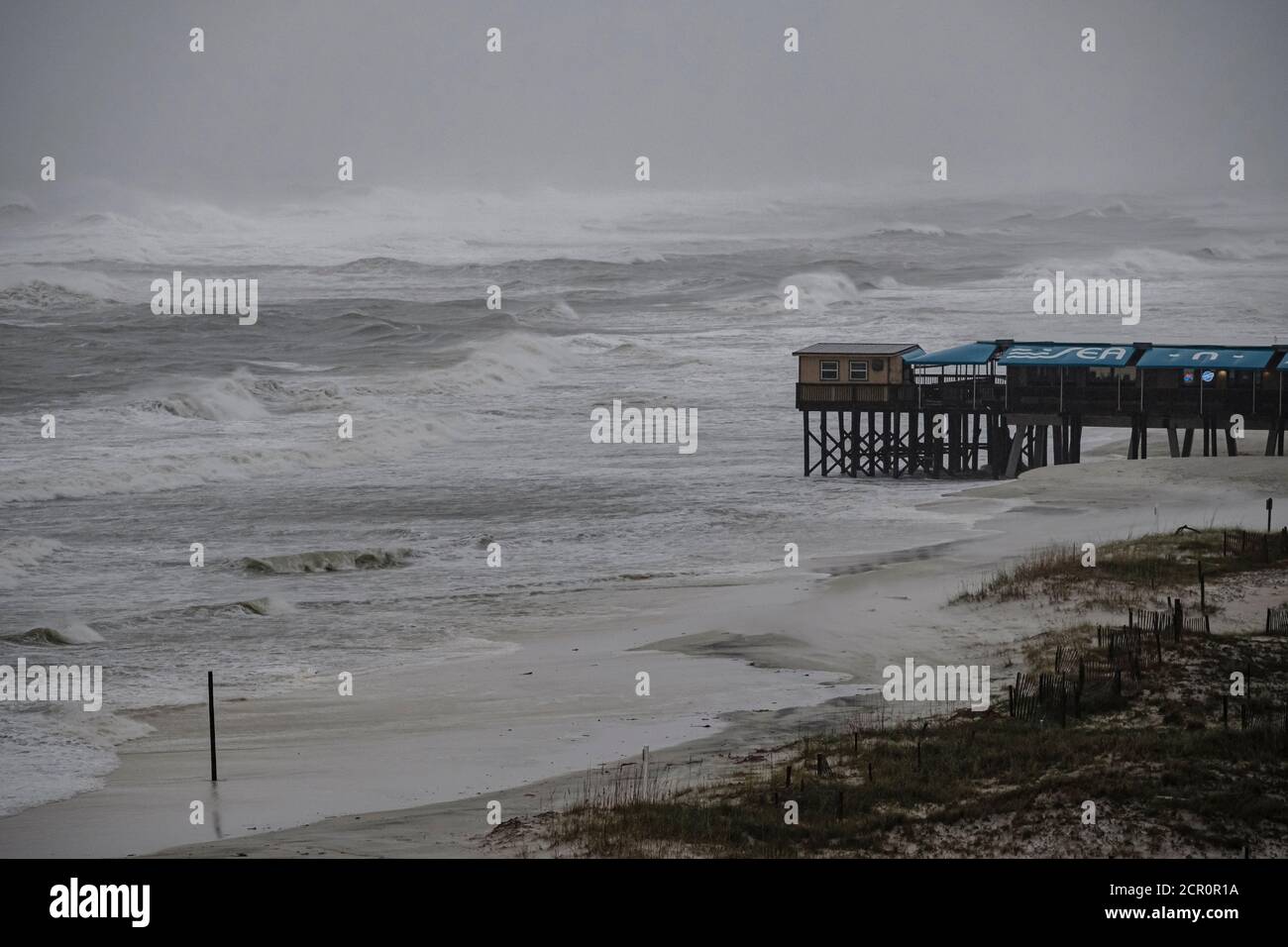 Gulf Shores, ALABAMA, USA. 15th Sep, 2019. Waves and water crash on the