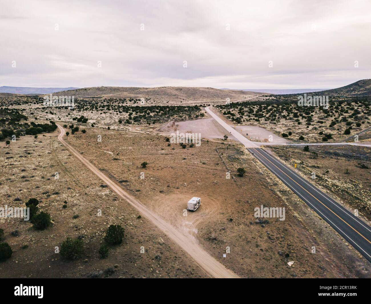 Aerial view of a US desert with motorhome Stock Photo