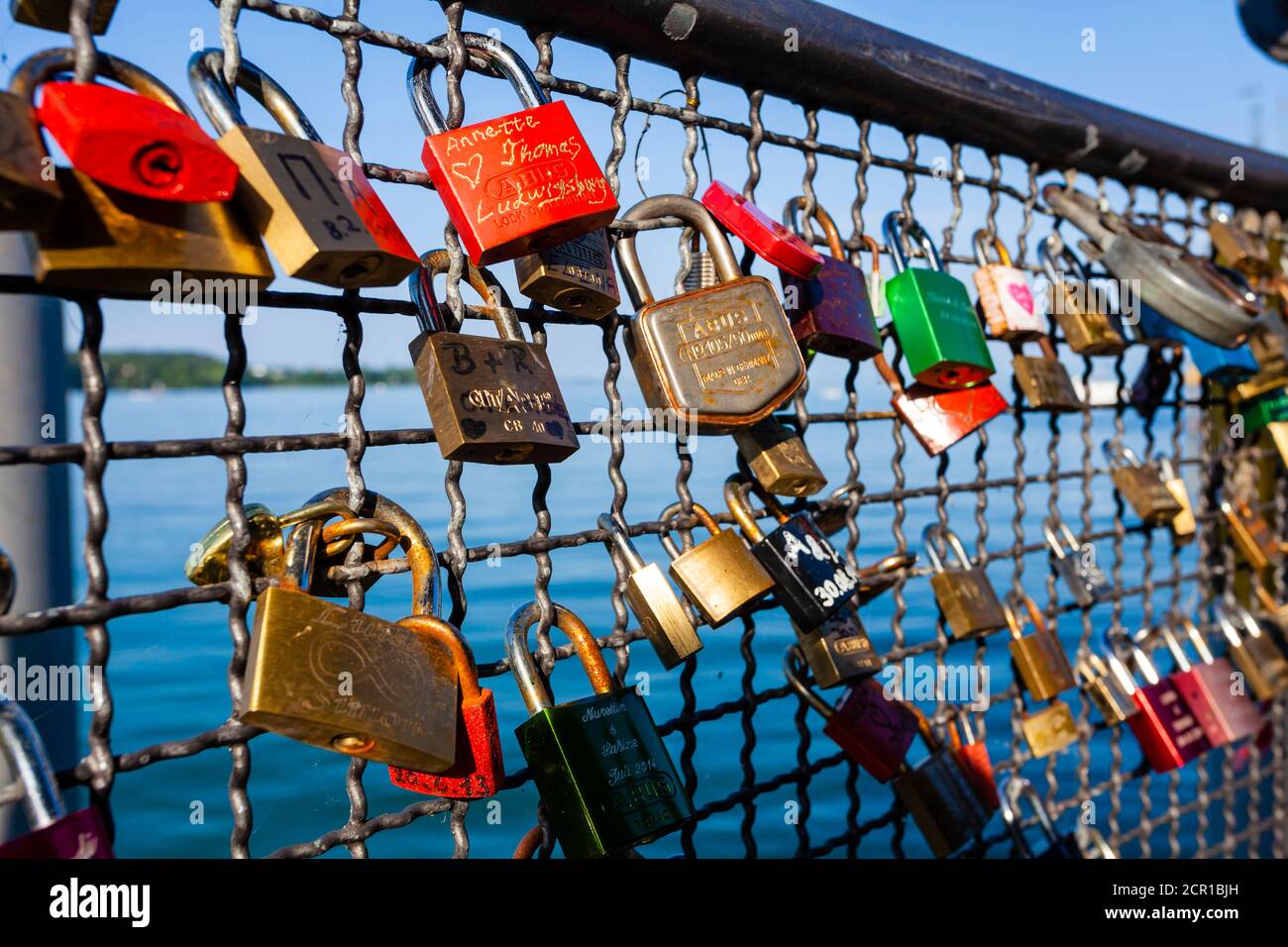 Love lock, bridge, padlock, love, symbol, in love, custom Stock Photo