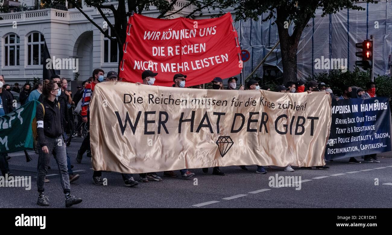 Hamburg Germany 19th Sep Demonstration Participants Walk Behind Banners With The Words The Rich Must Pay For The Crisis Who Has Gives And We Can T Afford The Rich Anymore The Alliance
