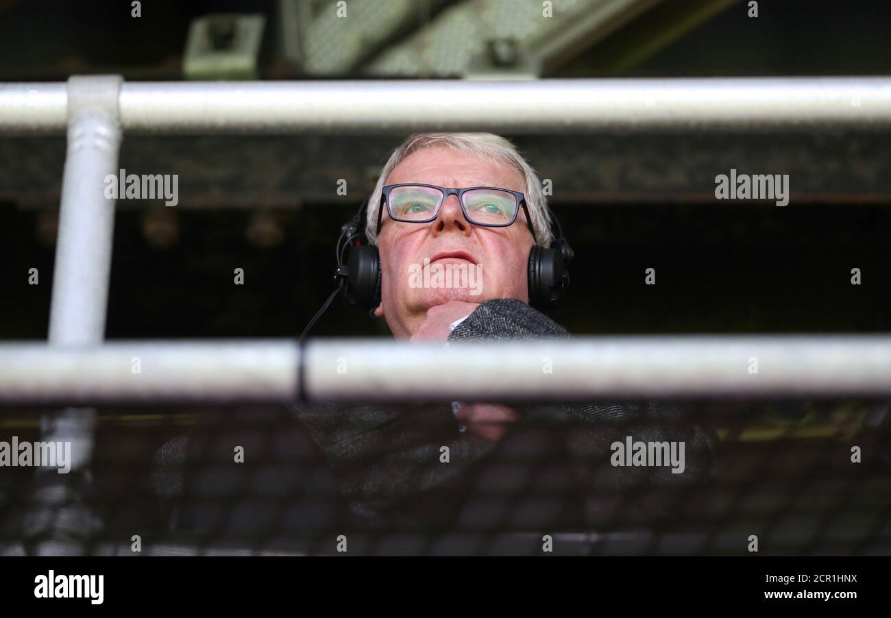 Soccer Football - Premier League - Crystal Palace vs West Bromwich Albion - Selhurst Park, London, Britain - May 13, 2018 Commentator John Motson during the match REUTERS/Hannah McKay EDITORIAL USE ONLY. No use with unauthorized audio, video, data, fixture lists, club/league logos or "live" services. Online in-match use limited to 75 images, no video emulation. No use in betting, games or single club/league/player publications. Please contact your account representative for further details. Stock Photo