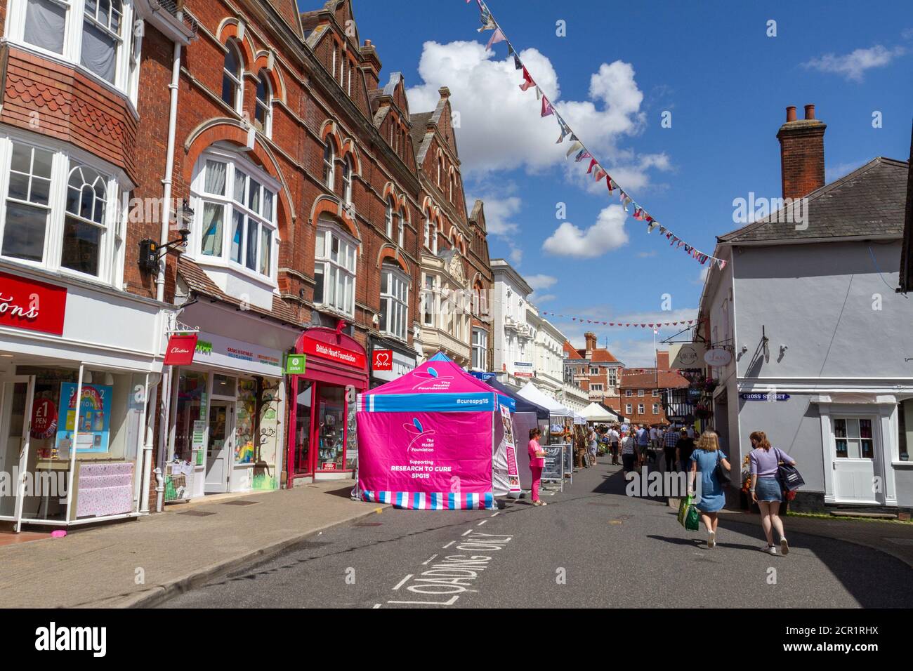 Market stalls on King Street in Saffron Walden, Essex, UK Stock Photo