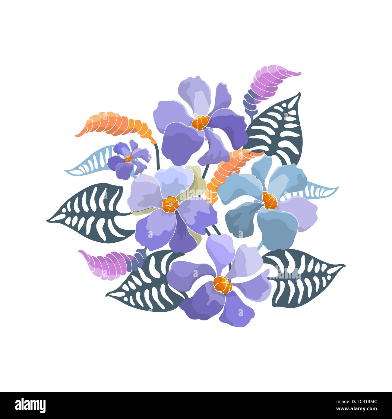 Floral bouquet. Vector blue abstract flowers, buds, green leaves.  Stock Vector