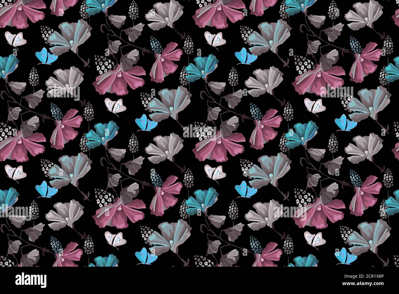 Delicate floral seamless pattern. Vector blue, pink flowers and butterflies. Stock Vector