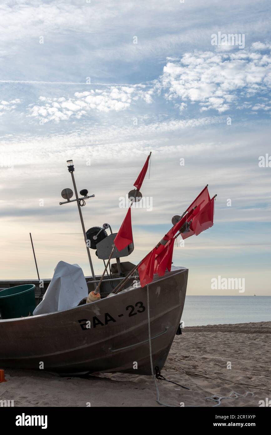 Germany, Mecklenburg-Western Pomerania, Ruegen island, Baabe, fishing boats lie on the beach, Baltic Sea Stock Photo