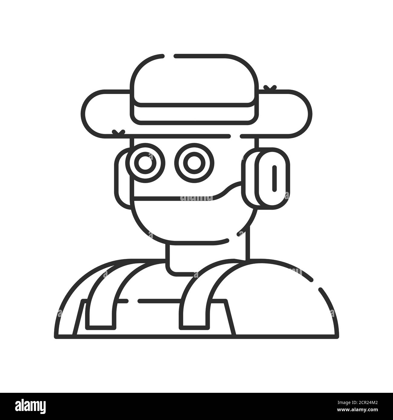 Futuristic robot farmer to increase efficiency. Agricultural IOT. Smart farming black linear icon. Sign for web page, app. UI UX GUI design element Stock Vector