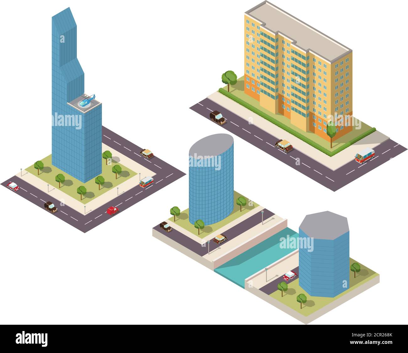 A set of isometric houses and skyscrapers with trees and cars and helicopter. Stock Vector
