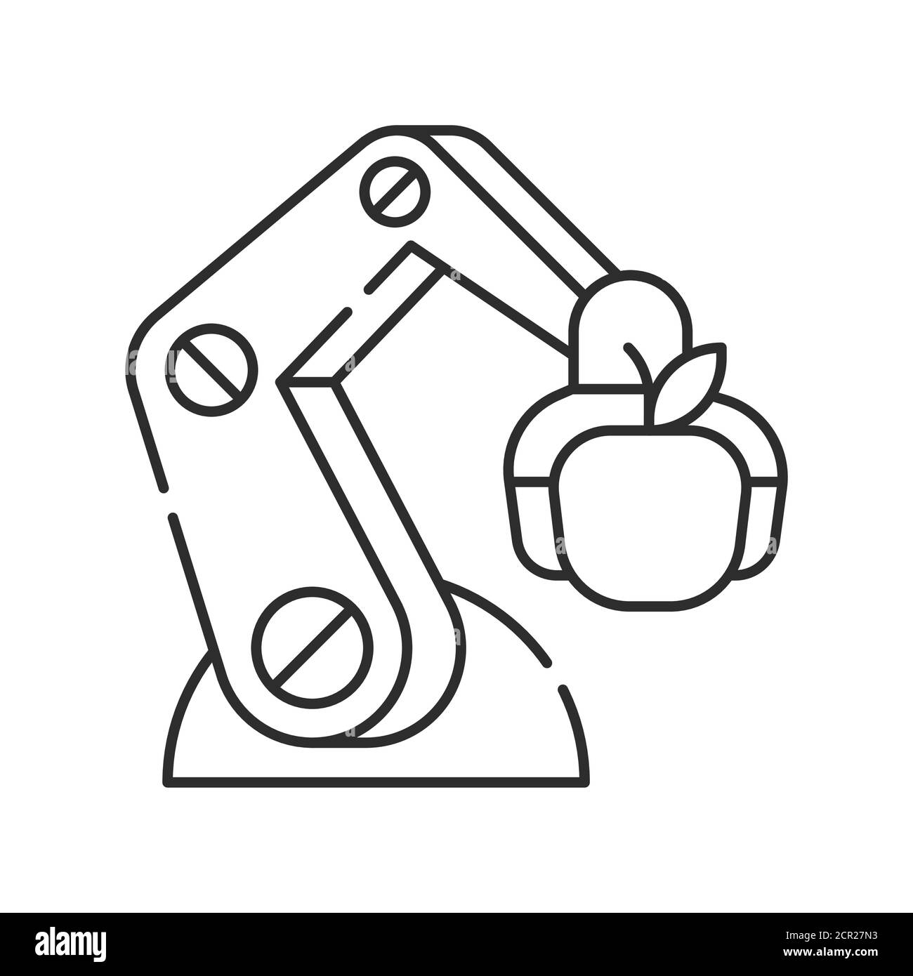Smart robotic farmers analyze the growth and harvesting plants. Futuristic robot arm automation to increase efficiency black line icon. Agricultural Stock Vector