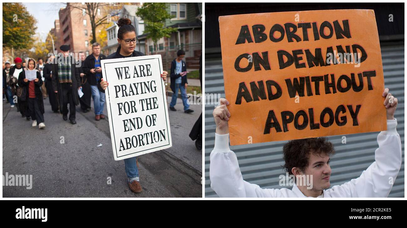A combination photo shows an anti-abortion protest march (L) and a pro-abortion rights protester holds a sign as he confronts an anti-abortion demonstration in Queens, New York, U.S. on October 20, 2012. REUTERS/Andrew Kelly/File Photos Stock Photo