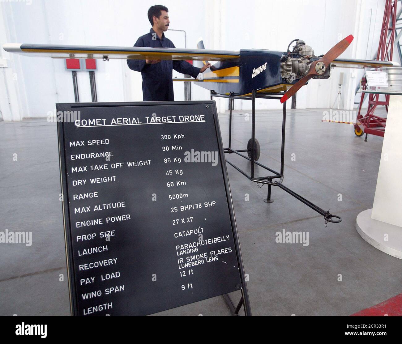 Pakistani Air Force technicians work on a unmanned spy Comet Aerial Target  Drone aircraft at the Pakistan Aeronautical Complex Kamra in Kamra.  Pakistani Air Force technicians work on a unmanned spy Comet