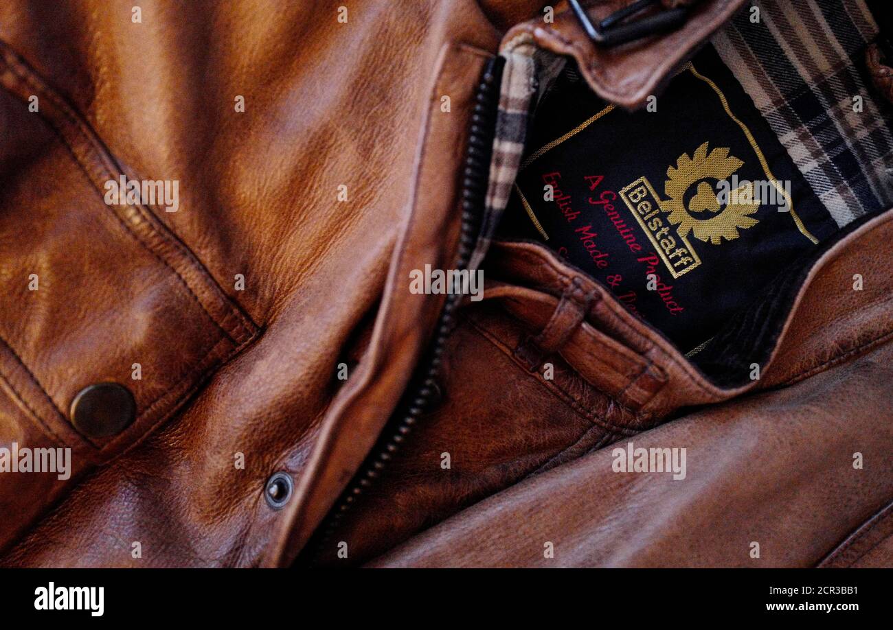 A close up picture shows the label of Italian clothes manufacturer Belstaff  inside a leather jacket at a fashion shop in Frankfurt, Germany, March 15,  2016. REUTERS/Kai Pfaffenbach Stock Photo - Alamy