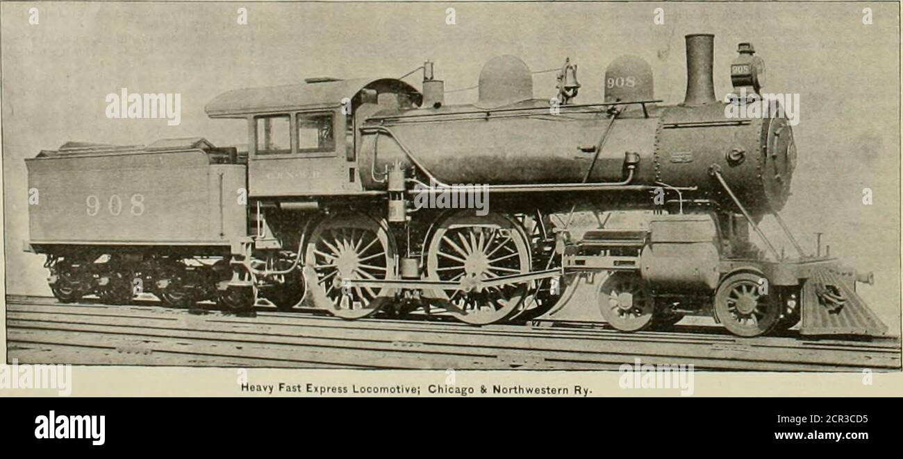 . American engineer and railroad journal . Heavy Fast Eipress Locomotive; Cleveland Cincinnati, Chicago & St. Louis Ry.. One of the most striking features of ita constructionthe large boiler and flrebos. The boiler ia 73 inches indiameter, and the flrelwx ia 0 feetloug. The crown sheetia stayed with radial slays, the first two rows being elingstays. The dome is atUched lo the boiler by a flangedring. The total heating .surface is 2,175 square feet.about!Mn square feel more than the «0B of the New York Cen-tral possesses. The pistons and rods aud drof cast steel for IiKhtness. Tl i inch thick, Stock Photo