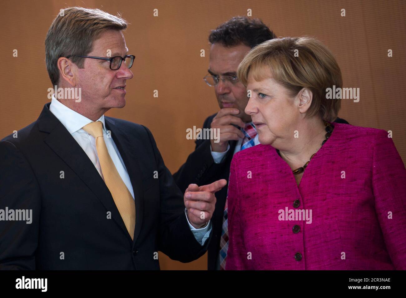 Germany's Chancellor Angela Merkel (R), Foreign Minister Guido Westerwelle (L) and Interior Minister Hans-Peter Friedrich talk before a cabinet meeting in Berlin, August 14, 2013.  REUTERS/Thomas Peter (GERMANY  - Tags: POLITICS) Stock Photo