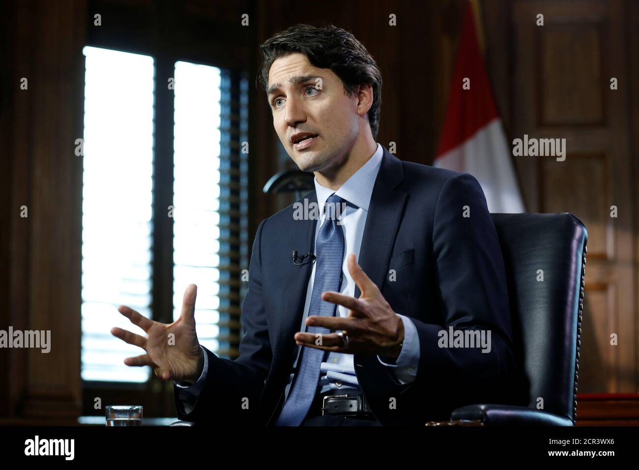Canada's Prime Minister Justin Trudeau speaks during an interview with Reuters on Parliament Hill in Ottawa, Ontario, Canada, May 19, 2016. REUTERS/Chris Wattie Stock Photo