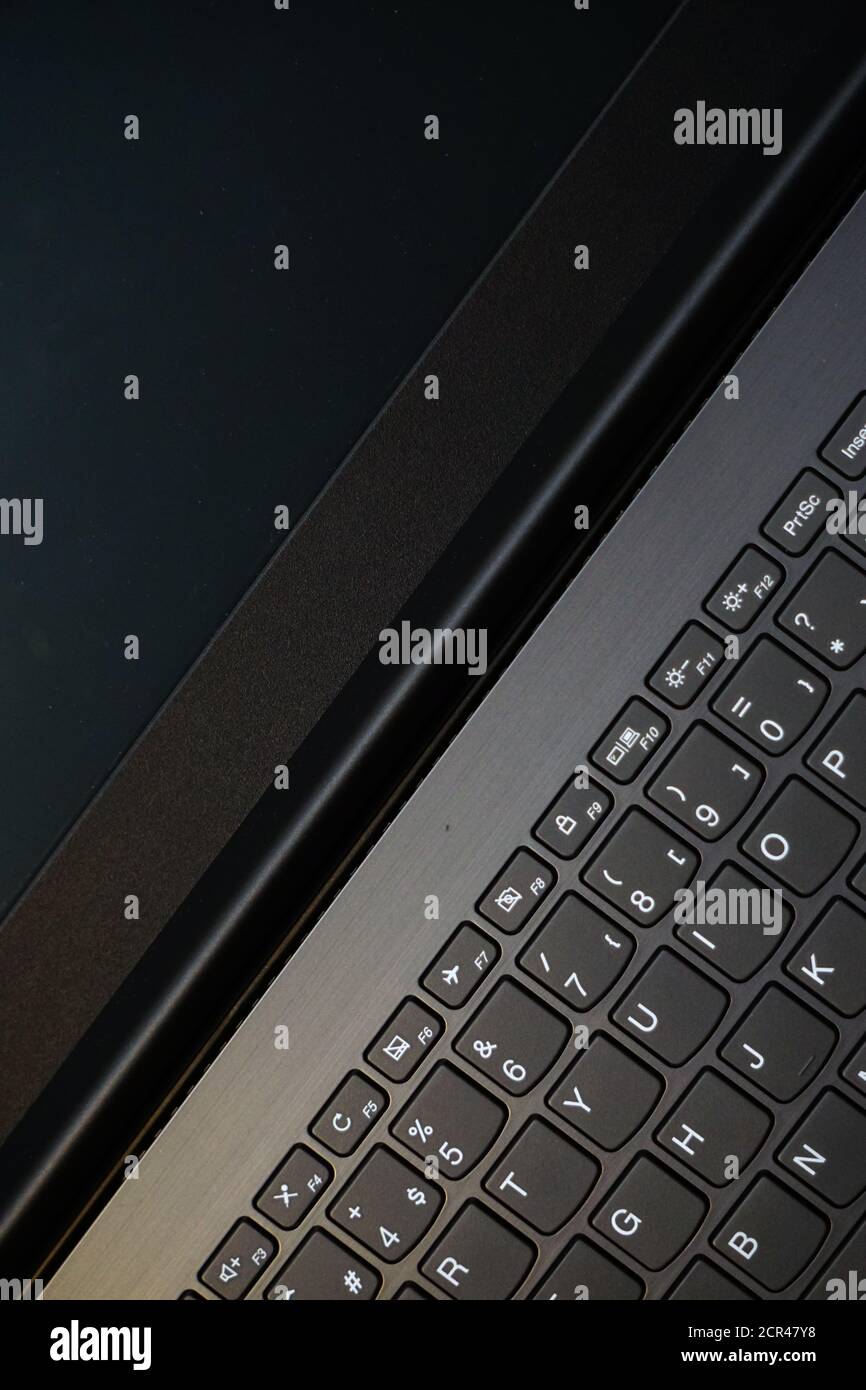 Laptop monitor and keyboard in triangle orientation asymmetric image