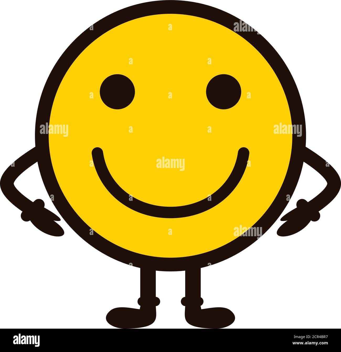smile icon. Happy smiley face with arms and legs. Smiling Emoticon. Yellow vector symbol. Stock Vector