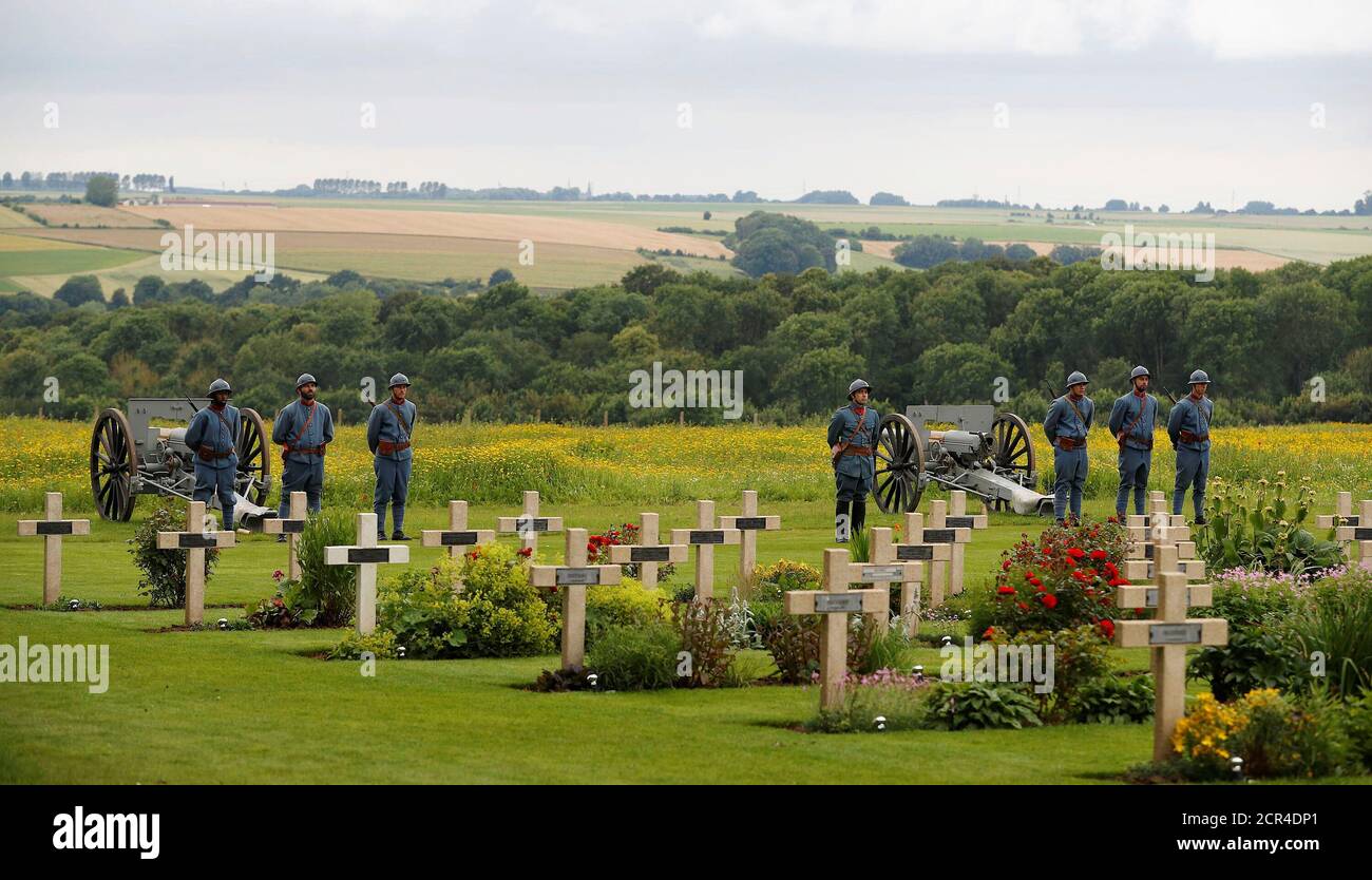 French soldiers attend a commemoration event at the Thiepval memorial to mark the 100th anniversary of the Battle of the Somme in Thiepval, northern France July 1, 2016.  REUTERS/Phil Noble Stock Photo