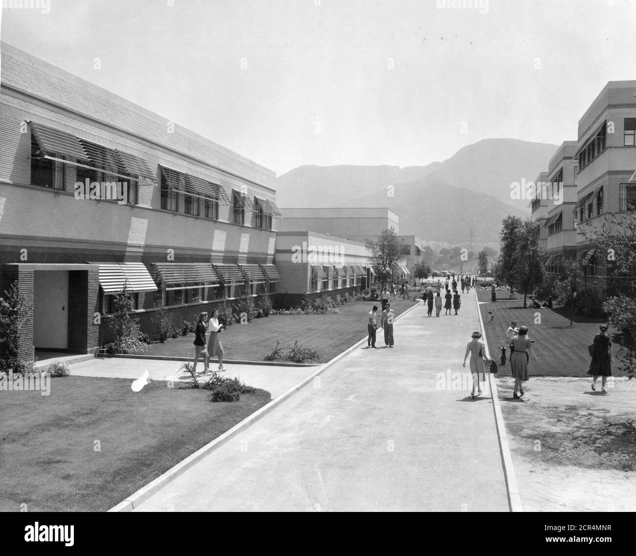 Photo looking down Disney Studios' Minnie Mouse Boulevard with several wings of the Animation Building shown on the right, the Inking and Painting, Production Camera and Cutting departments on the left and Publicity and Live-Action Buildings in the background, Burbank, CA 1943. (Photo by Office of War Information/RBM Vintage Images) Stock Photo
