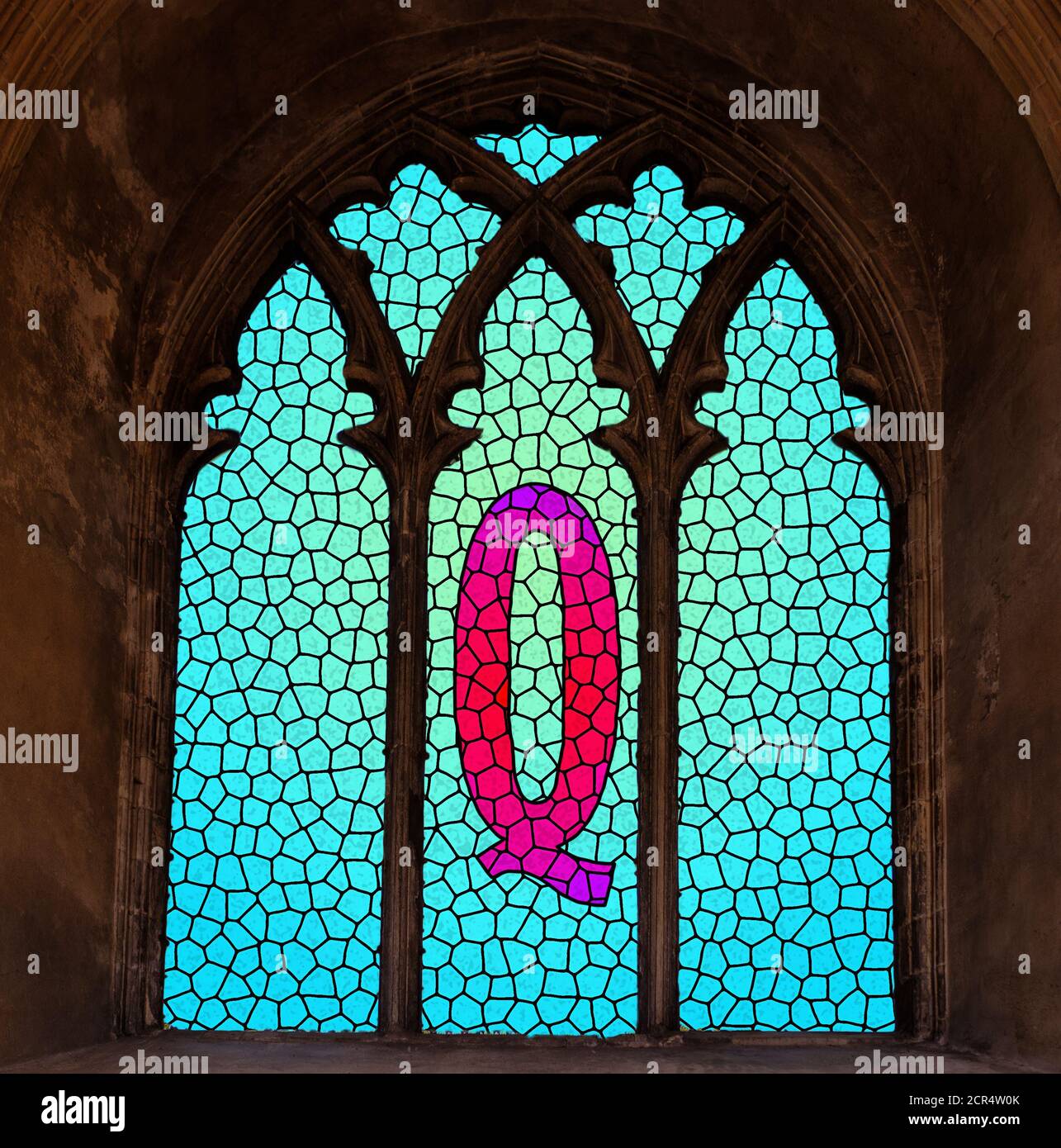 QAnon illustration, stain glass window, the church of Q concept illustration Stock Photo