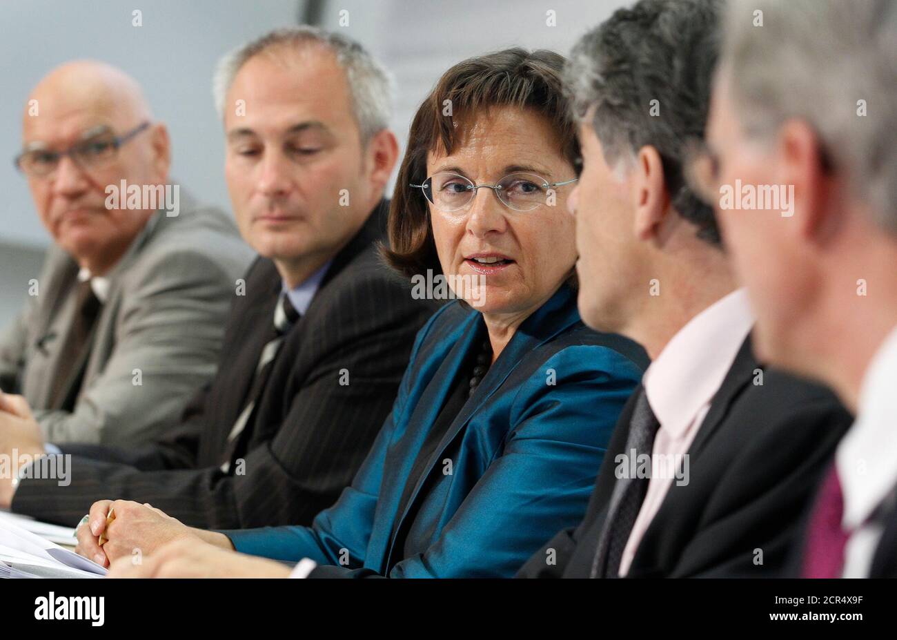 Ursula Renold (C), Director of the Federal bureau of vocational education and technology speaks next to Bernhard Pulver (2L), Cantonal Councillor of the canton Bern, National Councillor Otto Ineichen (L), Hans-Ulrich Bigler, (R) Director of the Swiss trade and crafts association and Philippe Gnaegi (2R) Cantonal Councillor of the canton Neuchatel, at a news conference on school leaver without degree in Bern June 20, 2011. REUTERS/Pascal Lauener (SWITZERLAND - Tags: POLITICS) Stock Photo