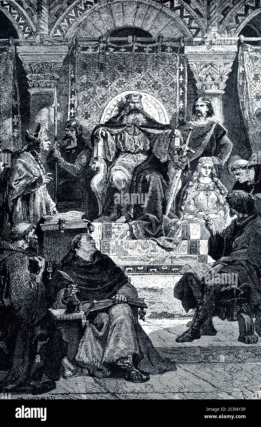 Charlemagne presiding over Palace school. The 1906 caption reads: ”Charlemagne, founder of the German empire, was great in peace as well as war. He summoned the famous English churchman, Alcuin, to help him in the education of his people, and founded a “palace school” where he himself and all his court became scholars to listen to the teachings of Alcuin. Woe to the poor scholars who dared be inattentive in that school. The fiery King’s all-noting eye compelled their deference to the master had had placed over them.” Charlemagne, or Charles the Great, was the emperor of the West  (800–814) and Stock Photo