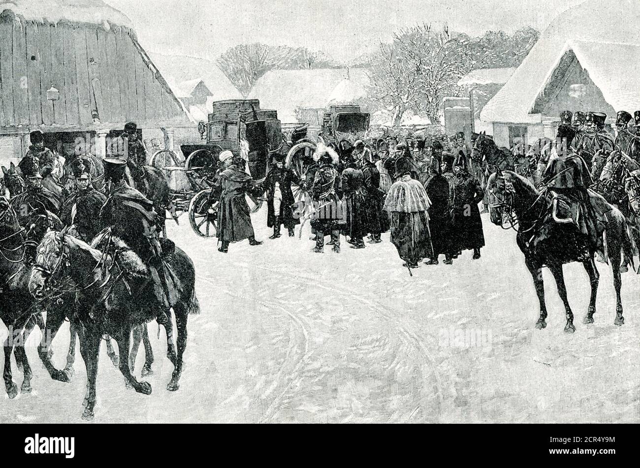 The caption for this 1906 illustration reads: ‘NAPOLEON ABANDONING HIS ARMY AT SMORGONL—The time came at last when Napoleon himself abandoned his perishing army to the fury of the Russian winter. In 1812, at Smorgon, he got into a carriage and, with a few of his generals, rode madly away from the hideous suffering and disaster which he could not check. His excuse was that he went to gather reinforcements, but he left his soldiers to despair.’ Napoleon Bonaparte (1769–1821) was a French military and political leader who became the emperor of France. His invasion of Russia in 1812 led ultimately Stock Photo