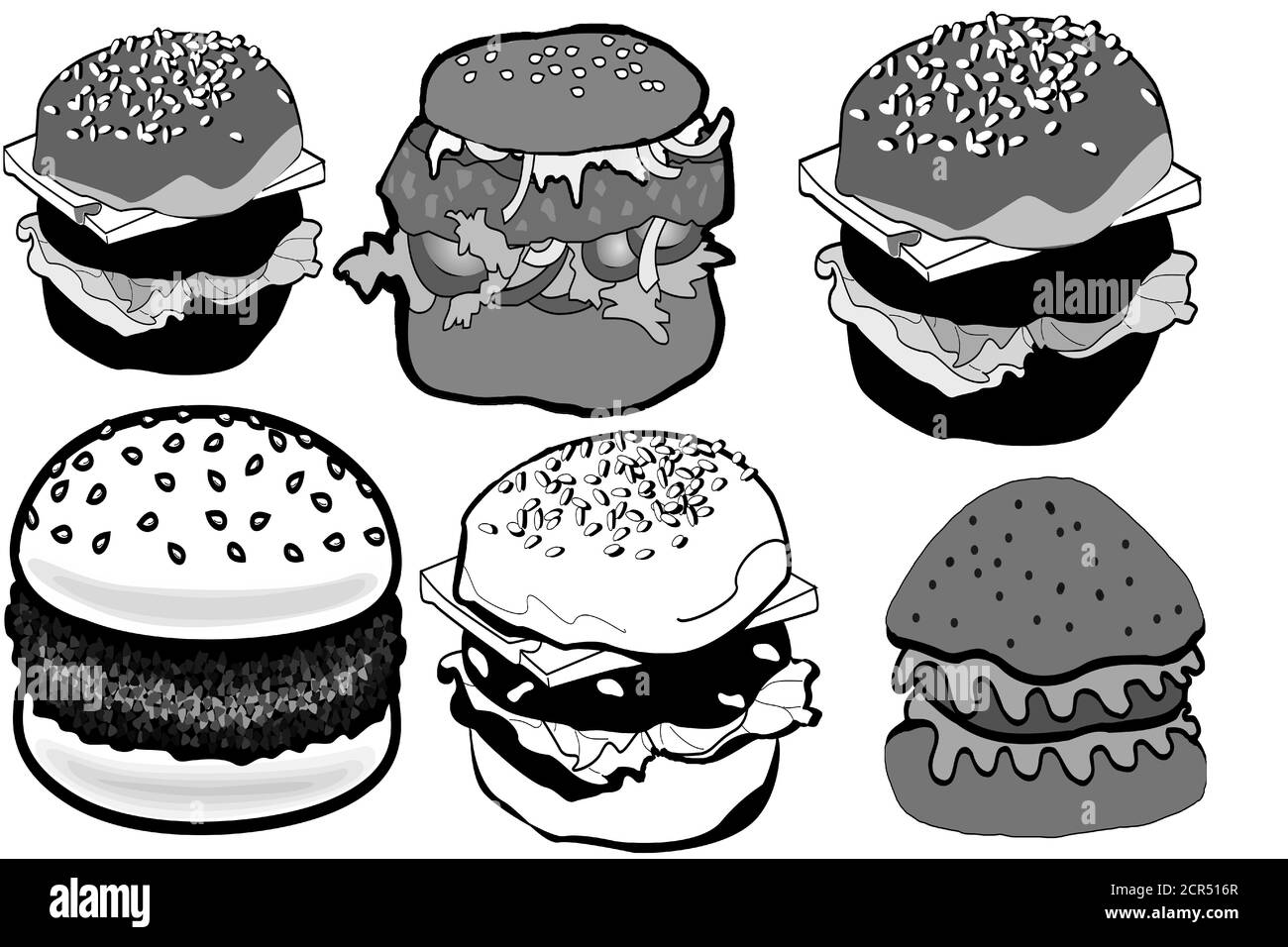 Assorted burger illustrations and badges on transparent background Stock Vector