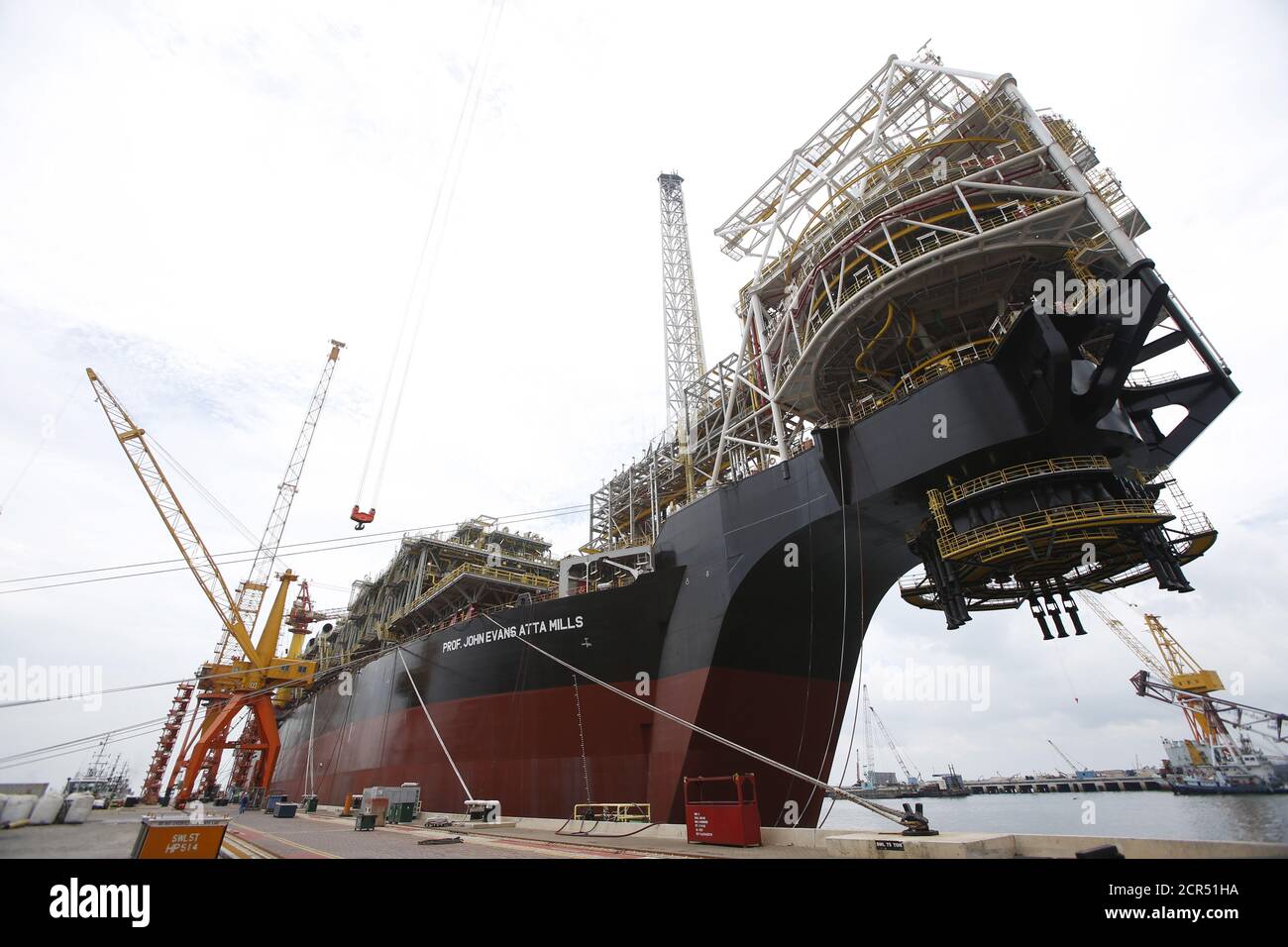 A view of Tullow Oil's Floating Production, Storage and Offloading vessel (FPSO) Prof. John Evans Atta Mills which was completed at Sembcorp Marine's Jurong Shipyard in Singapore January 20, 2016. Amid one of the deepest oil price crashes in history, Britain's Tullow Oil is sending one of the world's biggest floating deep-water oil production platforms to West Africa to pump crude for at least 20 years. Picture taken January 20, 2016.   REUTERS/Edgar Su Stock Photo