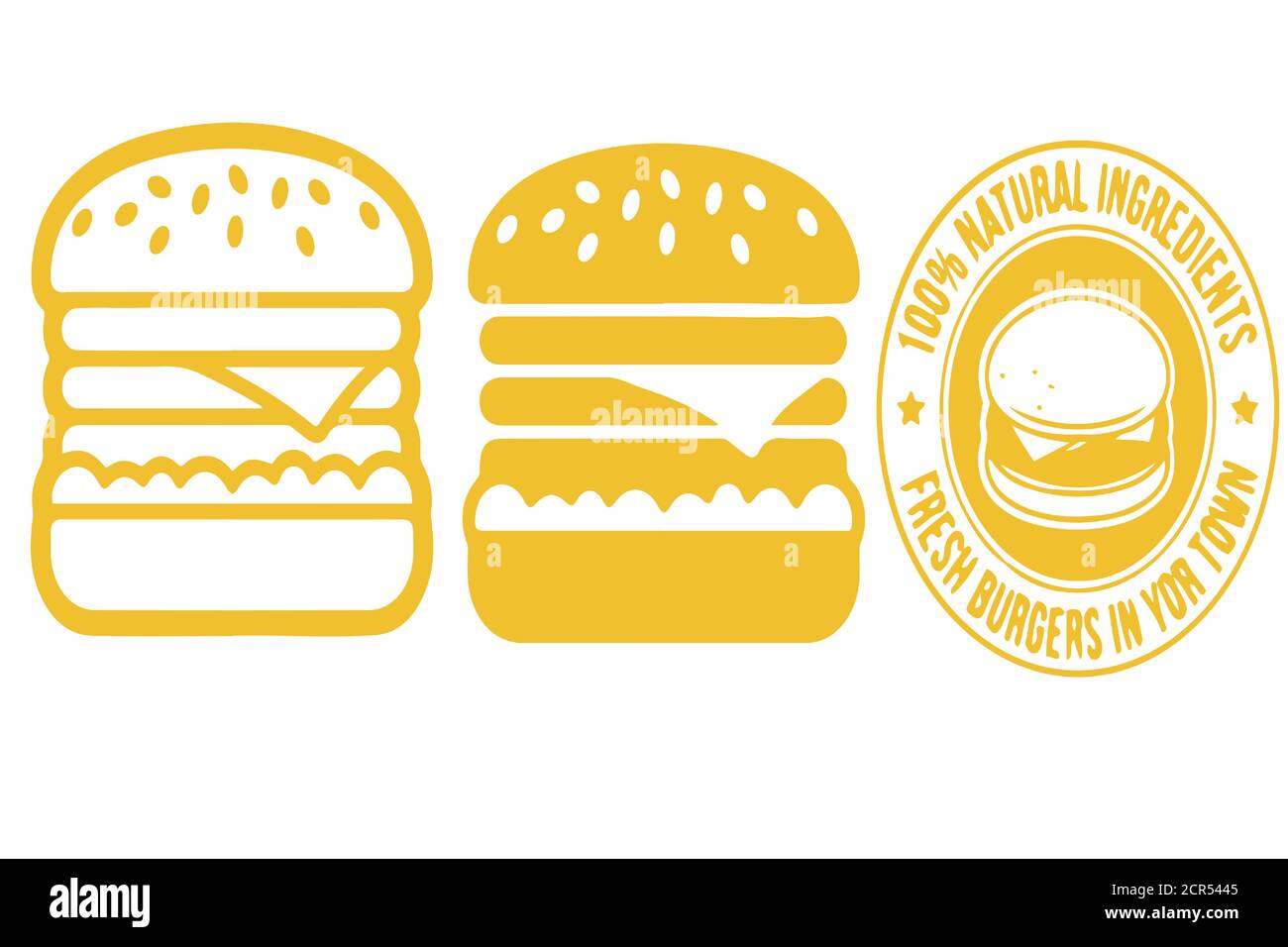 Assorted burger illustrations and badges on transparent background Stock Vector