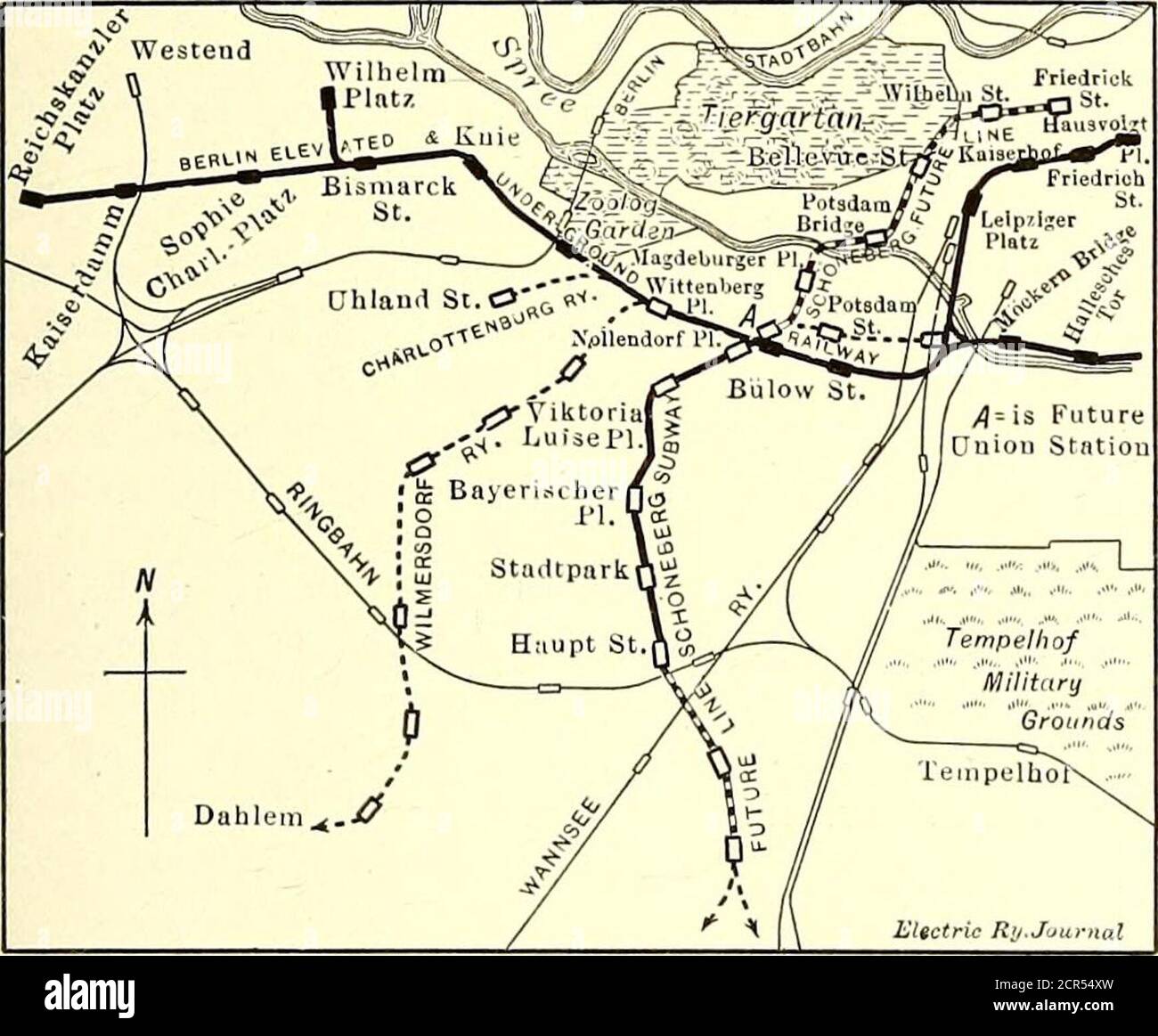 . Electric railway journal . are the same as those used in theBerlin private subway. Between stations the usual widthof the tunnel is 6.24 m (20.5 ft.) and the clear height fromthe top of the rails to the roof is 3.3 m (10.8 ft.). Thedistance between rail centers on the tangents is 3.24 m(10.6 ft.), but larger clearances are provided at curves.The walls of the tunnel are arranged to carry conduits andhave niches for cable boxes every 50 m (164 ft.). At sta-tions, however, the cables are carried under the platformsbecause the walls opposite the platforms are used foradvertisements. About three- Stock Photo