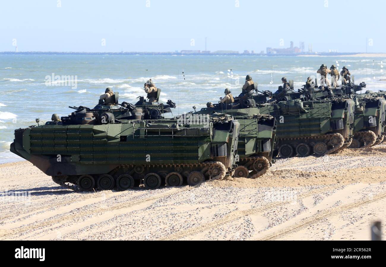 U.S. navy amphibious assault vehicles attend annual recurring multinational, maritime-focused NATO exercise BALTOPS 2017, near Ventspils, Latvia, June 6, 2017. REUTERS/Ints Kalnins Stock Photo