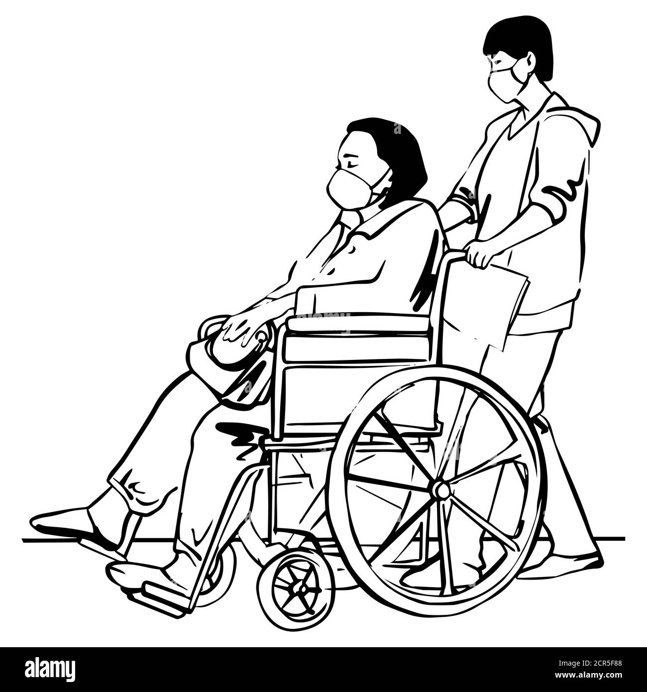 sketch disabled woman in wheelchair line art black isolated Vector illustration Stock Vector