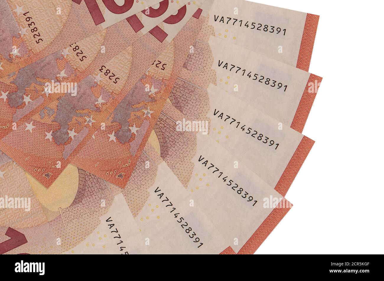 10 euro bills lies isolated on white background with copy space stacked in fan shape close up. Financial transactions concept Stock Photo