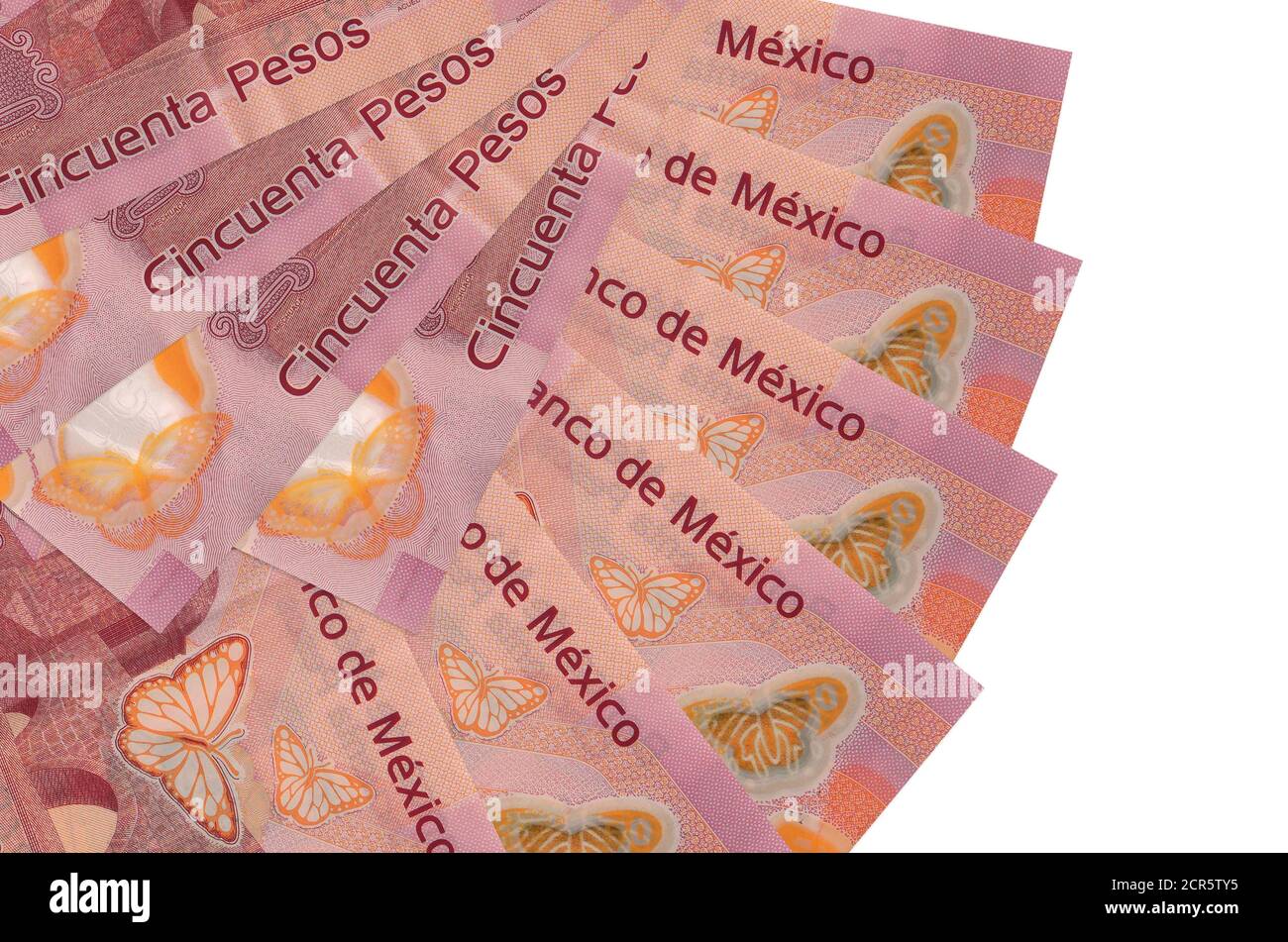 50 Mexican pesos bills lies isolated on white background with copy