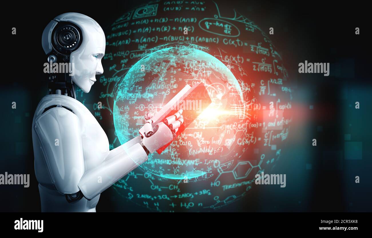 3D illustration of robot humanoid reading book and solving math data ...