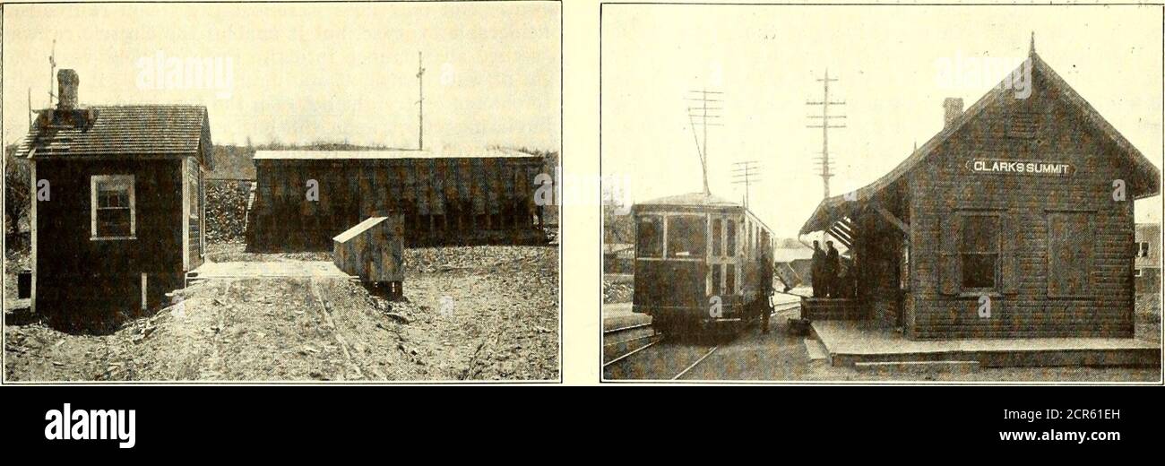 . Electric railway journal . SCRANTON & BINGHAMTON TRAFFIC—THREE-CAR PASSENGER TRAIN; TYPICAL VIEW OF LINE SHOWING AUTOMATIC SIGNALS MAY 20, 1916] ELECTRIC RAILWAY JOURNAL 941. SCRANTON & BINGHAMTON TRAFFIC—COAL POCKETS ATFACTORYVILLE to local lighting companies which are not affiliated inany way with the Scranton & Binghamton RailroadCompany. They are supplied, under contract, with cur-rent measured at the railroad companys switchboardand they retail it to their patrons, all of the wiring andapparatus required to serve the consumers belonging tothe lighting companies and being operated and ma Stock Photo