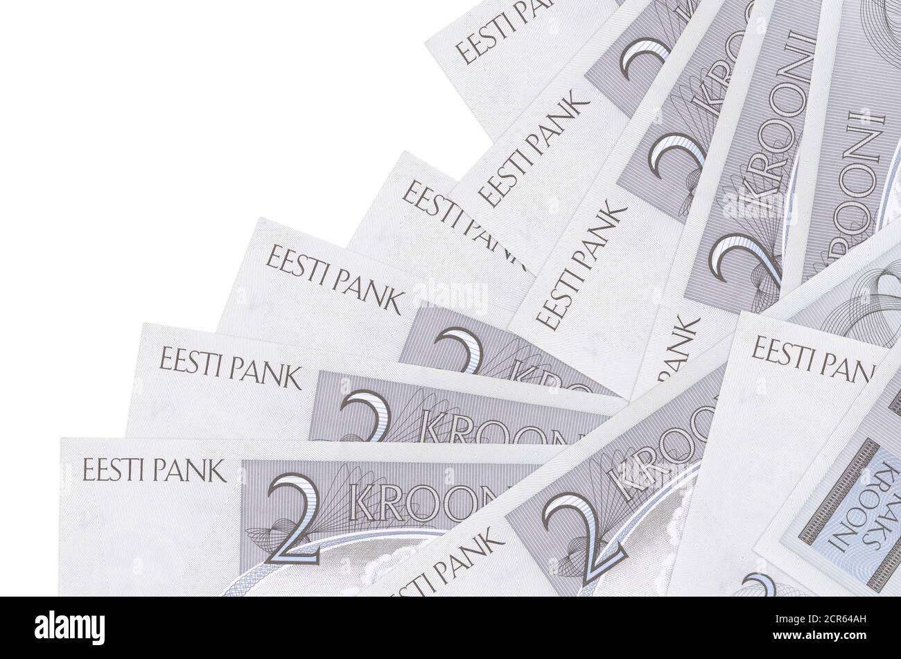 2 Estonian kroon bills lies in different order isolated on white. Local banking or money making concept. Business background banner Stock Photo