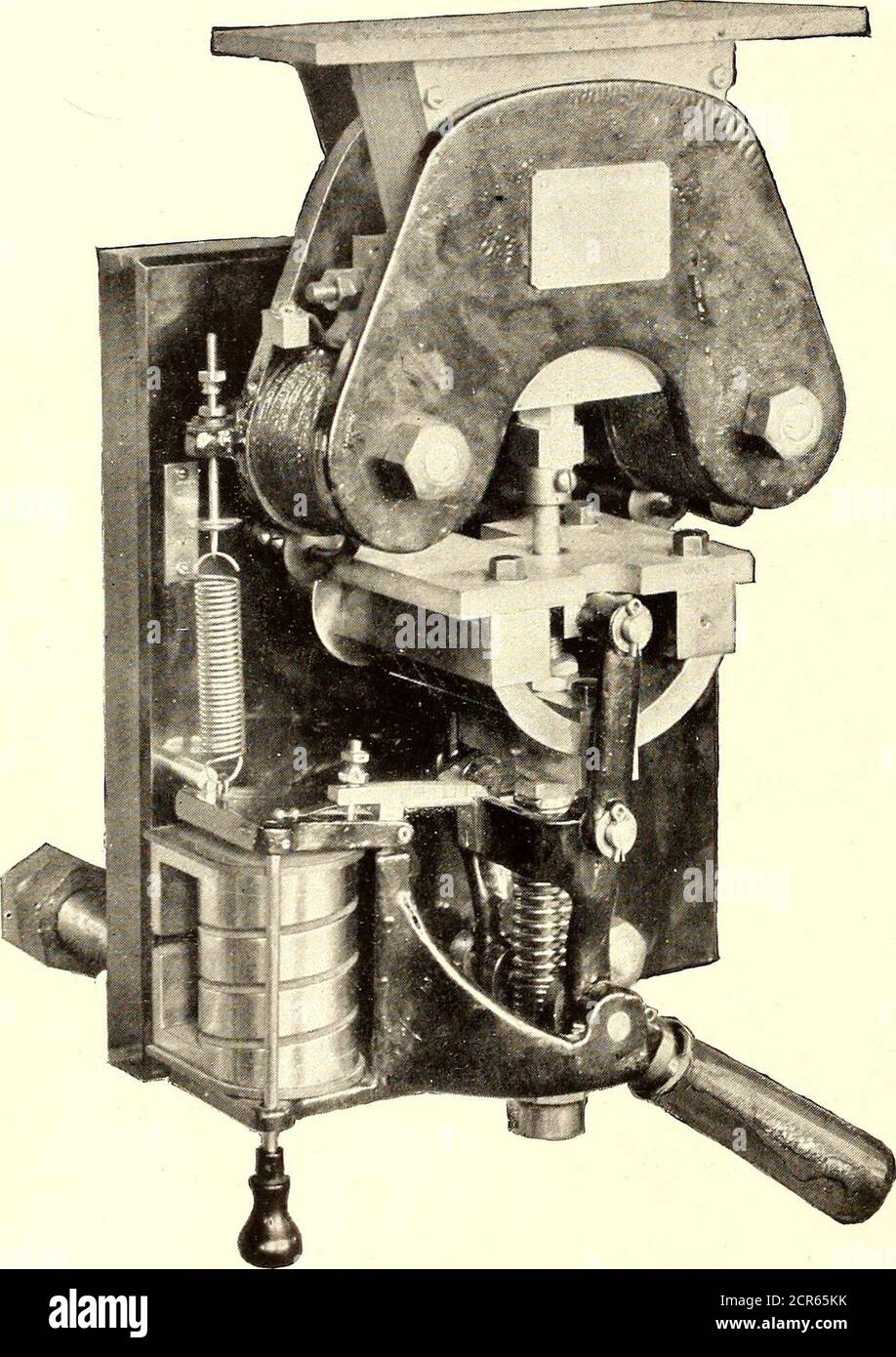 . The Street railway journal . e-fore in demand, and to meet it the General Electric Companyinvented the automatic circuit breaker shown herewith. This breaker is now constructed to meet almost every pos-sible variation of current from 150 to 3,000 amperes. The prin- poles of which enclose a chute containing supplementary con-tact points; these supplementary contacts break the circuit justafter the main contacts have separated. When the latch trips, the main bridge drops, forcing thewhole current to pass through the small magnets. This resultsin the creation of an intense magnetic field betwee Stock Photo